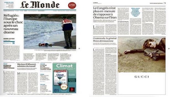 الجريدة نشرت إعلانا لعارضة مستلقية على رمال البحر خلف خبر غرق الطفل السوري إيلان